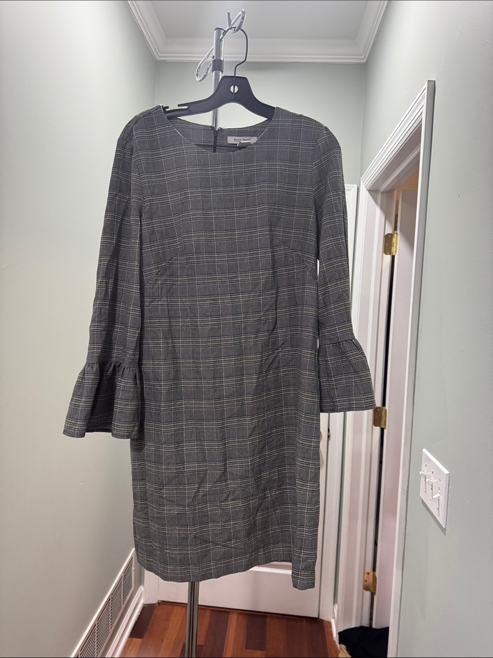 White House Black Market Gray Plaid Bell-Sleeve Midi Dress